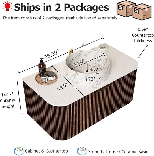 36" Floating Bathroom Vanity with Sink, Wall-Mount Modern Bathroom Cabinet with Ultra-Thin Ceramic Basin and Marble Top, Large Storage Drawer, Soft-Close Design, Dark Walnut