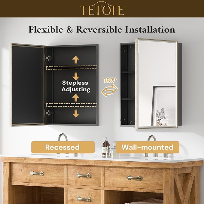TETOTE Brushed Nickel Medicine Cabinet 20" x 26" Recessed or Surface Wall-Mounted Aluminum Alloy Framed Medicine Cabinet Stepless Adjustable Shelves