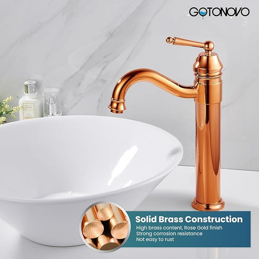 gotonovo Bathroom Vessel Sink Faucet Single Handle Brass Long Reach Bathroom Faucet 1 Hole Deck Mounted Mixer Tap with Pop Up Drain Rose Gold