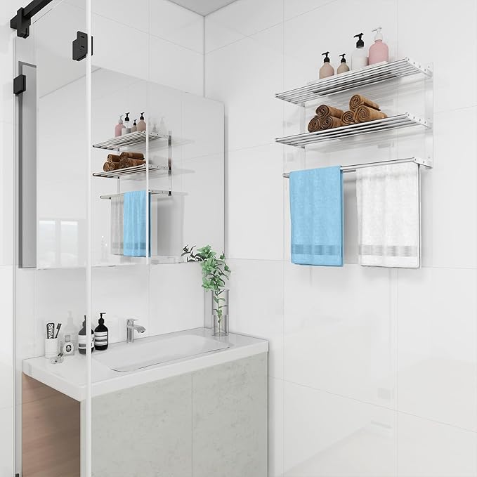 Bethom Bathroom Towel Rack with 2 Bars, 24 Inch Towel Shelf, Brushed Nickel | 3-Tier Hotel Towel Racks for Bathroom Wall Mounted, Bath Towels Storage, Stainless Steel