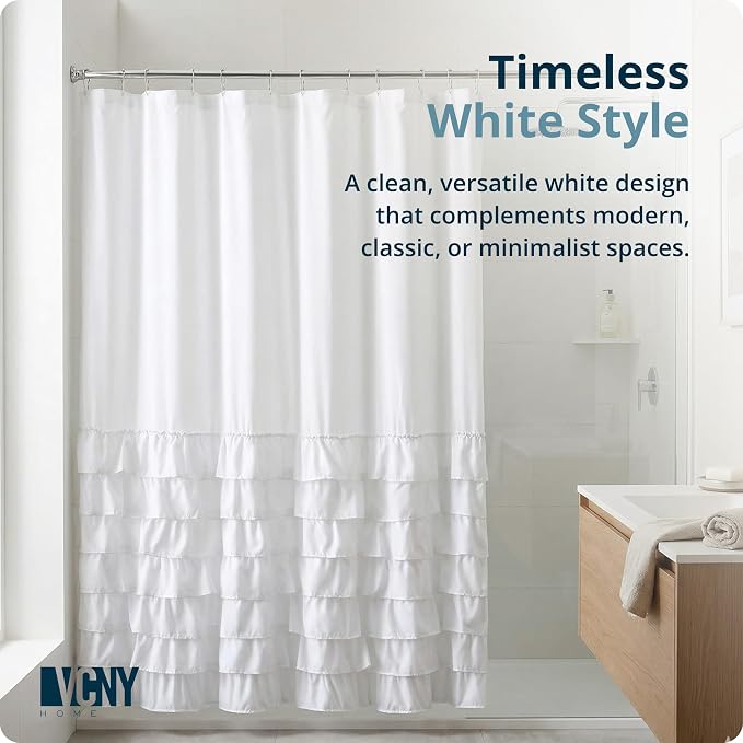 VCNY Home Ruffled Tier Fabric Shower Curtain, Melanie White - 72" x 72" | 100% Polyester | Long Lasting & Easy Clean | Sophisticated Design | Pair with Shower Curtain Liner & Hooks (Not Included)