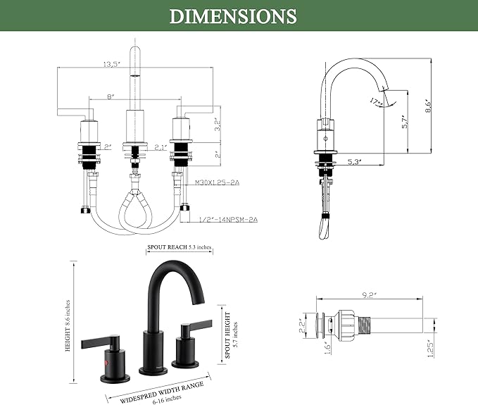 Matte Black 2 Handle 8 Inch Widespread Bathroom Sink Faucet with Pop-Up Drain, High Arc Modern Bathroom Vanity Lavatory Faucet 3 Holes with Brass 360° Swivel Spout, TAF830C-MB