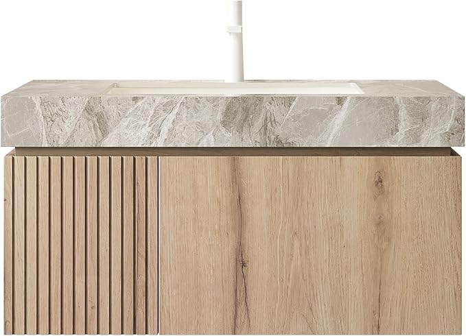 KEIKI 36 Inch Floating Bathroom Vanity with Sink, White Oak & Grey | Modern Wall Mounted Storage Cabinet w/ Drawer & Door, Pre-assembled Wood Panels, Sintered Stone Top & Ceramic Basin Combo Set