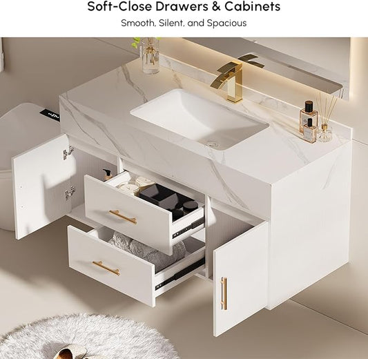 Bathroom Vanity with Sink, 39.3" Floating Bathroom Vanity Set, Modern Wall-Mounted Cabinet with Sintered Stone Countertop, Undermount Sink & White Finish, Easy to Clean