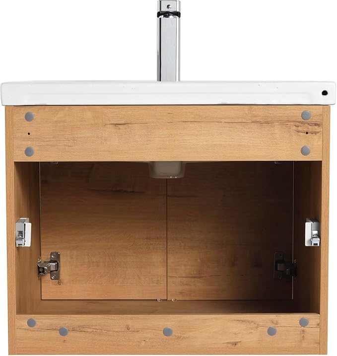 Blossom 24 Inch Classic Oak Plywood Bathroom Vanity with Ceramic Sink, Modern Wall Mounted Floating Bathroom Vanity Cabinet with Soft Close Doors and Moisture Resistant Finish