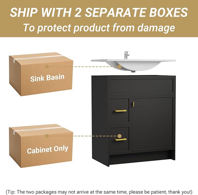 30 Inch Freestanding Bathroom Vanity with Sink, Shaker Style Black Cabinet with 2 Drawers & Single Door, Waterproof Lacquer Finish, Space-Saving for Small Bathroom & Apartment
