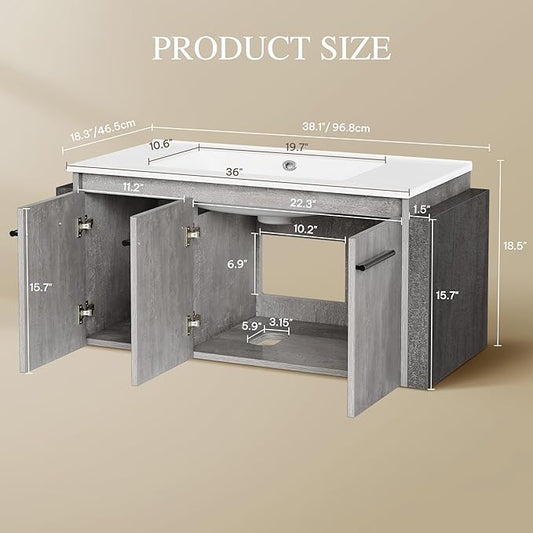 DWVO Modern 36" Bathroom Vanity with Sink Combo, Wall Mounted, White + Gray, 2 Soft-Close Doors, 1 Large Storage Cabinet, Ceramic Sink, Bathroom Storage