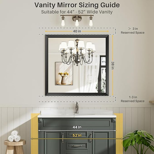 40x38 Inch Black Bathroom Mirror for Wall, Thick Metal Framed Rectangle Mirrors for Over Sink, Bedroom, Living Room, Entryway, Anti-Rust, HD Tempered Glass