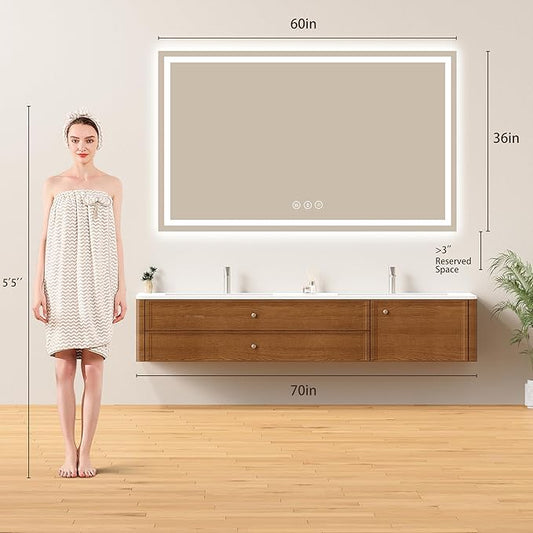 60x36 LED Bathroom Mirror with Lights - Dimmable, Anti-Fog, 3 Color Backlit & Front Lit Mirror for Bathroom, Shatter-Proof Tempered Glass, Easy Installation