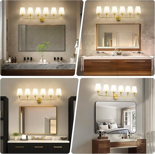 Bathroom Vanity Light, Brushed Gold Bathroom Light Fixtures, 6-Light Lighting Fixtures Over Mirror, Modern Wall Sconce with Flared White Fabric Shade, E26 Socket(ETL Listed)