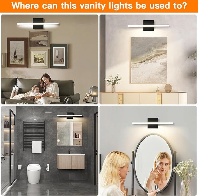 LED Bathroom Vanity Light 16inch Over Mirror Lighting Fixture Modern Indoor Black 10W 5000K Cool White Wall Sconce for Bathroom Bedroom Living Room