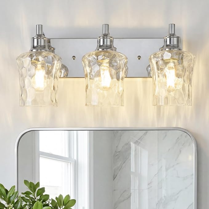 Farmhouse Chrome Vanity Light, 3 Light | Bathroom Lighting Fixtures, Over Mirror, Hammered Glass Lampshade, For Cabinet Mirror Bedroom Hallway