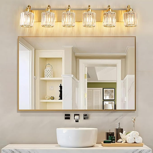 Modern Bathroom Vanity Light 6-Lights Brass Gold Vanity Light Crystal Wall Light Bathroom Light Fixtures with Round Shade (Exclude Bulb)
