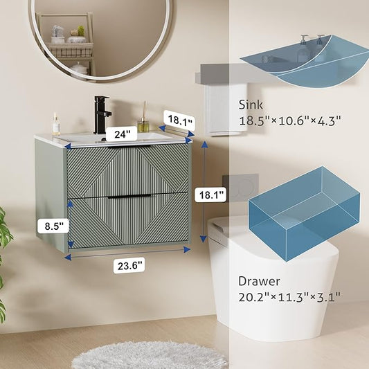 LUCKWIND 24" Floating Bathroom Vanity with Sink Combo, Wall Mounted Floating Cabinet with 2 Large Soft-Close Drawers & Water Saving Faucet, Geometric Textured Design in Green