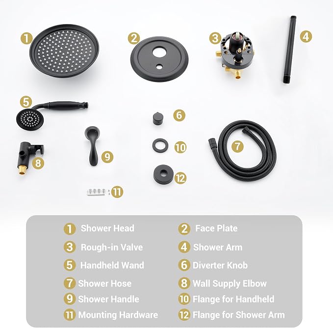 DASAN Rain Shower System Complete Antique Shower Faucet Sets, Shower Fixtures Combo with Pressure Balance Valve, Trim Kit, 9’’ Rainfall Overhead Shower & Handheld, Color Matte Black AT209C-BK