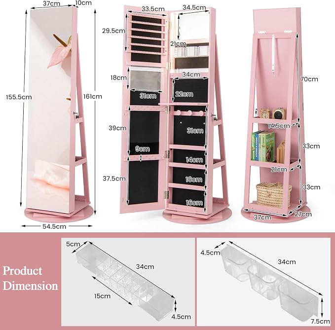 MAT EXPERT 360° Rotating Jewelry Armoire, Lockable Freestanding Jewelry Organizer w/Full-length Mirror, 3-Color LED Lights, Rear Storage Shelves, Mirror Jewelry Cabinet for Bedroom (Pink)