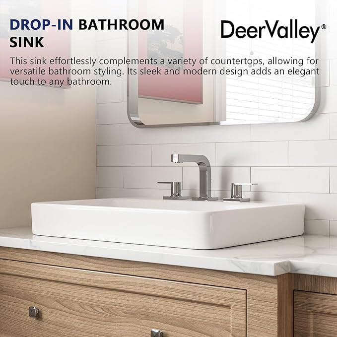 DeerValley 24x19 Inch Rectangular Drop-in Bathroom Sink, White Semi Recessed Vessel Sink with Overflow and Three Faucet Holes, Ceramic Vanity Basin, DV-1DS0121