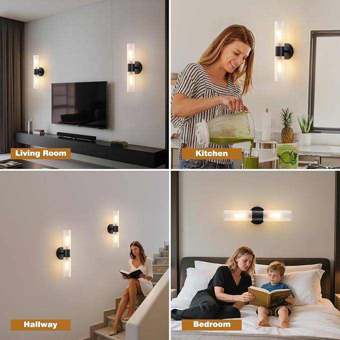 Bathroom Light Fixtures 2-Light, Modern Vanity Light for Bathroom, Wall Sconce with Frosted Glass Rods Shades, Hardwired Wall Light Fixtures for Living Room Bedroom Hallway (Black)