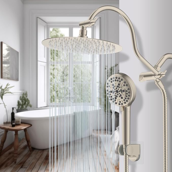 Hibbent All Metal CUPC Certified Shower Head, 10'' High Pressure Rainfall Shower Head, Handheld Showerhead Combo with 12'' Adjustable Extension Arm, 10-Spray, 71'' Hose, Shower Holder, Brushed Nickel