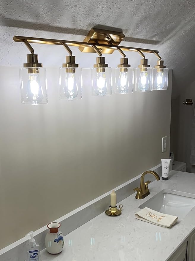 MELUCEE 5-Light Track Lighting Kit Brass Semi Flush Mount Ceiling Light Fixture with 5 Rotatable Light Heads, Modern Accent Lighting for Foyer Art Wall Kitchen, Clear Glass Shade