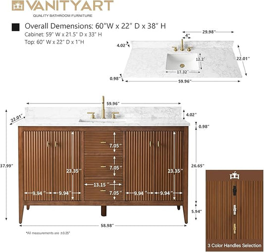 Vanity Art 60 inch Walnut Bathroom Vanity with Single Sink & Ceramic Top, Vanity Cabinet with Soft-Closing Door, Solid Wood Frame, Linear Pattern, Walnut, VA9160-SWalnut-MB,Matte Black Handles