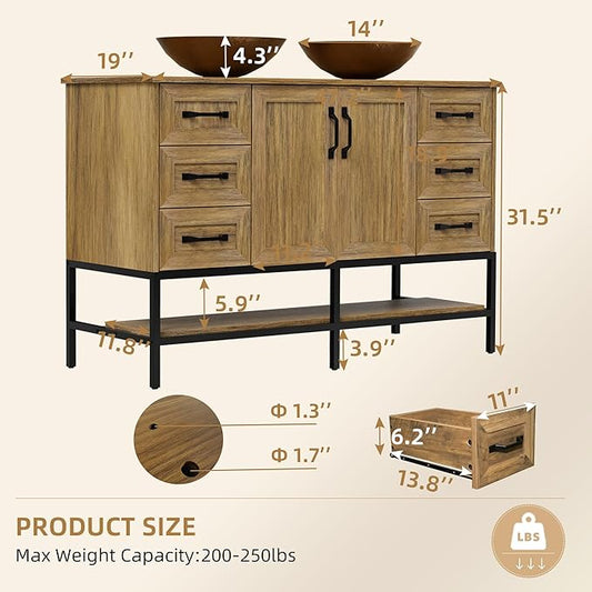VNN 48 Inch Bathroom Vanity with Sink - Double Sink Bathroom Vanity, Freestanding Cabinet with Open Shelves and 6 Storage Drawers, Modern Iron Wood Cabinet with Countertop Tempered Glass Vessel, Oak