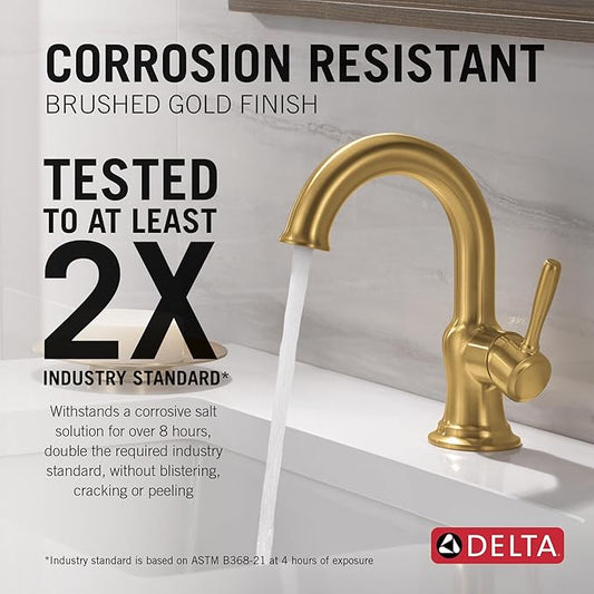 Delta Roe Brushed Gold Bathroom Faucet 1 Hole, Single Hole Bathroom Sink Faucet for Vanity, Push-Pop Drain Assembly, Brushed Gold 15985LF-GB