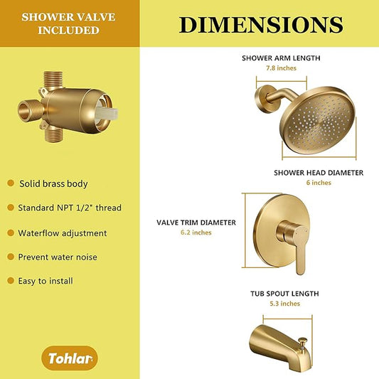 Tohlar Brushed Gold Shower Faucet Set with Tub Spout Bathtub Shower Combo | Bathtub and Shower Faucet Combo Kit, 6-Inch Rain Shower Head and Faucet Set with Valve