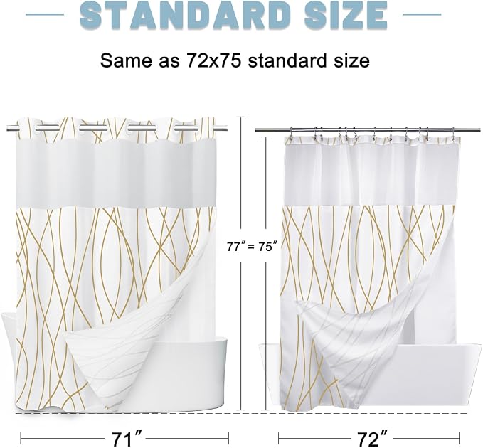 Gold White No Hook Shower Curtain with Liner, 71 x 77 Inch | Stripe Pattern,Waterproof,Quick Dry,Mesh Top Window,Bottom Magnets,Hotel Style,Machine Washable,Modern,for Bathroom