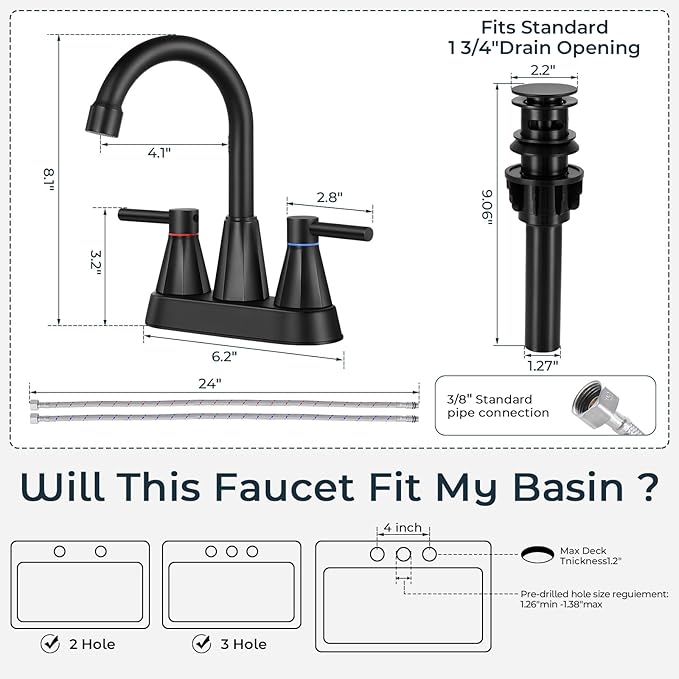 4 inches Bathroom Faucet for 3 Hole,2-Handle Matte Black Bathroom Sink Faucets with Pop Up Drain (2 Pack)