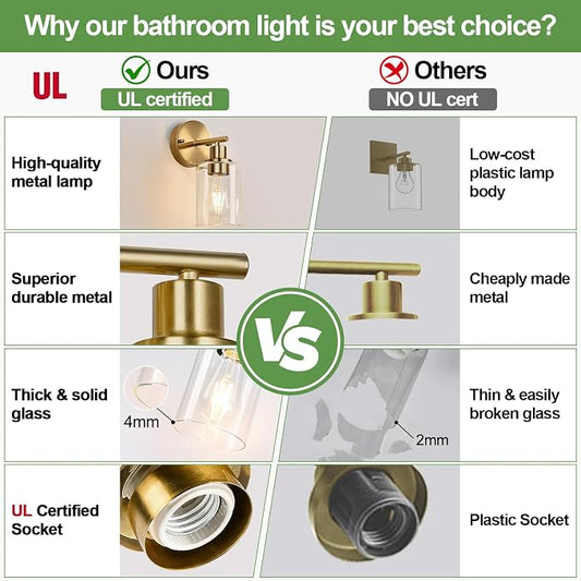 Zarbitta Set of 2 Wall Sconces for Bathroom, Brushed Gold Modern Vanity Lights with Clear Glass Shade,Bathroom Wall Lamp for Mirror Kitchen Living Room Hallway Cabinet Porch