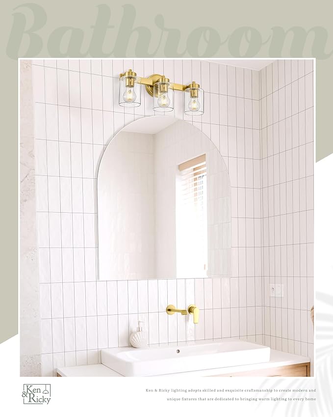Ken & Ricky 3 Light Brushed Gold Bathroom Vanity Lights Fixtures | Over Mirror,Modern Wall Sconce,E26,Clear Glass Shades For Living Room Bedroom Entryway