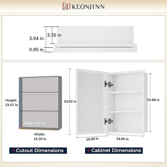 Keonjinn 16" x 24" White Medicine Cabinets for Bathroom with Mirror, Recessed or Surface Wall-Mounted Aluminum Alloy Framed Beveled Mirror, Single Door Farmhouse Bathroom Mirror with Storage Cabinet