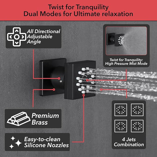 VANFOXLE Shower Faucet Set Matte Black Shower System,Four Modes Shower Faucet with 2 in 1 Handheld,Ceiling Mount 10 Inch Shower Head with 6 Inch Shower Head, 4 PCS Dual Modes Body Jets
