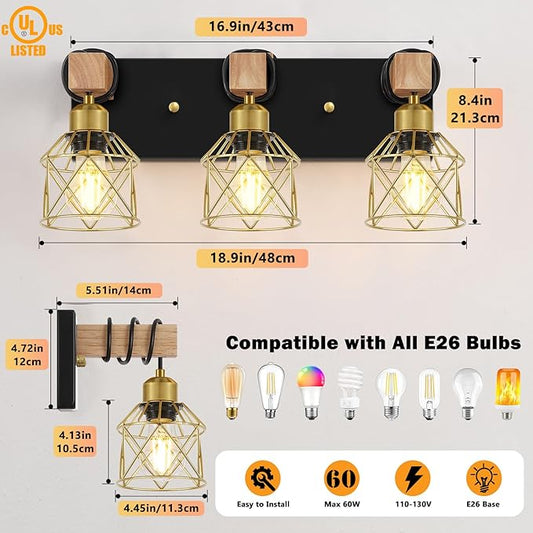 FadimiKoo Black and Gold Vanity Light, 3-Light Farmhouse Vanity Light, Bathroom Light Fixtures Over Mirror, Industrial Indoor Wall Mounted lamp for Bathroom, Living Room, Cabinet, Bedroom