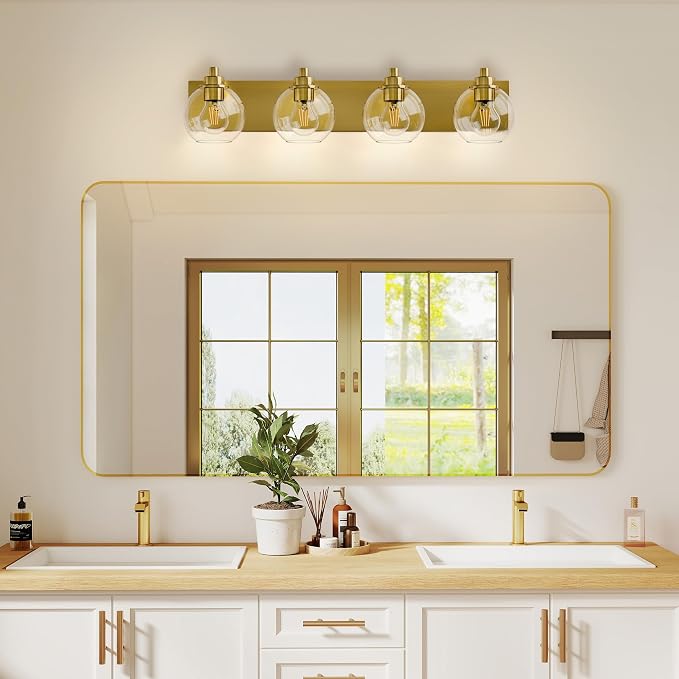 4 Light Bathroom Light Fixtures-Brushed Gold Bathroom Vanity Lights, Modern Vanity Lights 4-Light Bathroom Lighting Fixtures Over Mirror with Clear Glass Globe Shade