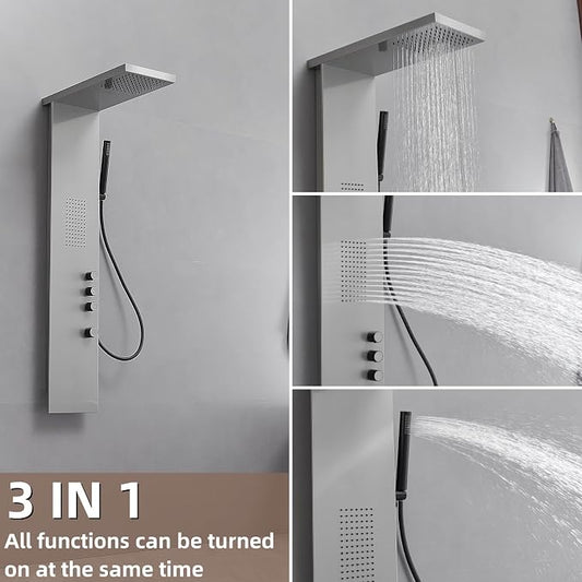 Shower Panel Tower System, Brushed Nickel | Stainless Steel, Multifunction Shower Tower System, Bathroom Rainfall Shower Head Hand Shower and Large Area Body Spray