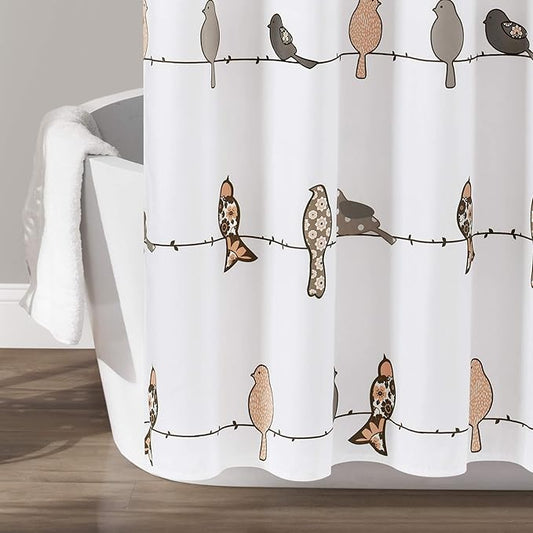 Lush Decor Rowley Birds Shower Curtain, 72” W x 72” L, Blush & Gray - Colorful Floral Bird Pattern - Whimsical & Playful Bird Shower Curtain - Farmhouse, Coastal, & Boho Bathroom Decor