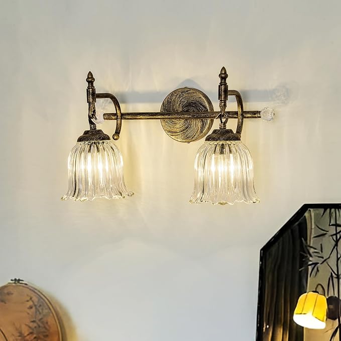 CVKASH 2-Light Bathroom Vanity Light Fixtures Over Mirror,Bronze Modern Vanity Light with Glass Shade Vintage Wall Sconce for Bedroom Dressing Room Living Room Hallway Cabinet