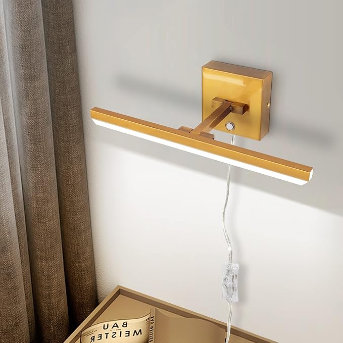 MantoLite Bathroom Lighting Fixtures Over Mirror,Plug in LED Picture Lights for Wall Dimmable Bathroom Vanity Light 15inch Cabinet Wall Sconces with Ajustable Arm Bedside Reading Lamp,Brass,6000K 8W