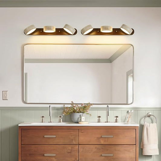 Wood Farmhouse Bathroom Vanity Light,Natural Stone Travertines Walnut Wall Lamp 3 Lights Travertine Shade Wabi Sabi Lamp, Linear Bathroom Vanity Lighting Rotatable 30W LED Wall Fixture Over Mirror