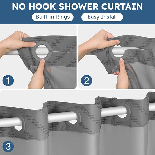 FADOTY Grey No Hook Shower Curtain Set with Snap in Liner, 71'' x 74'' | Bathroom Hotel Fabric Curtain, Waterproof Washable Liner, See Through Top Window, Ringless Chevron Tufted Cloth Curtain