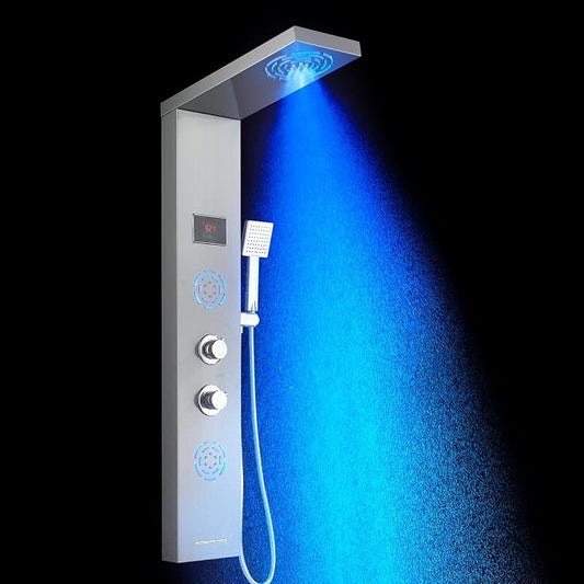 POPFLY Shower Panel Tower,No Battery Needed LED Shower Tower System | LED Mist οΌ Rainfall Head, 2 Body Jets with LED, Tub Spout and Temperature Display, No Battery Needed Shower Column System