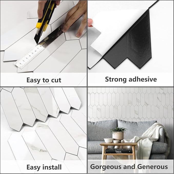 Vamos Tile Glossy White Marble Backsplash Tile Peel and Stick, 12.8 x 12.8 Inch 10 Sheets Long Hexagon PVC Self Adhesive Mosaic Wall Tiles Stick on Backsplash for Kitchen and Bathroom