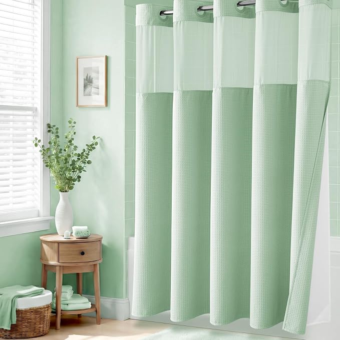 Mint Green Hook Free Waffle Shower Curtain & Snap-in Liner,72x75 | Less Time to install, 3 in 1 Fabric Shower Curtain and Liner Set with Magnets, Mesh Top Window, Shower Curtains for Bathroom