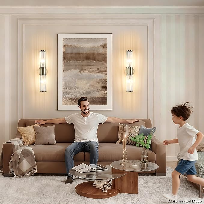 Brushed Bronze Wall Sconces Set of Two, Bathroom Sconces with Glass Rods Shade, Modern Vanity Sconces Lighting Over Mirror, Wall Light Fixtures for Living Room Bedroom (Bulbs Not Included)