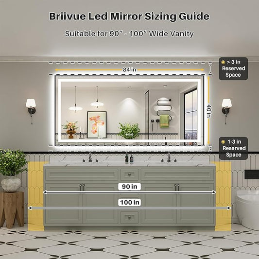 84x40 Inch LED Bathroom Mirror with Black Frame, Backlit & Front Lit, Anti-Fog Lighted Bathroom Vanity Mirror for Wall, Memory Function, Dimmable, HD Tempered Glass, Shatter-Proof