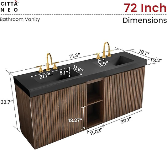 72" Bathroom Vanity with Double Sink, Freestanding Double Sink Bathroom Vanity with Black Engineered Stone Top, Open Storage Cabinet & Adjustable Shelf, 4 Soft-Closing Doors, Walnut