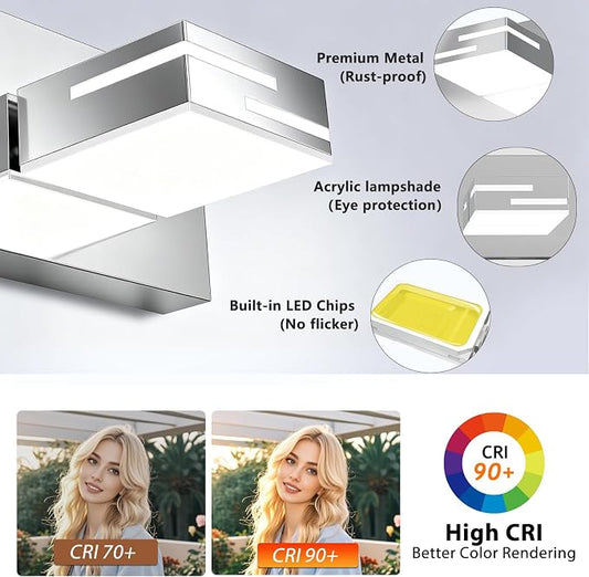LED Modern Bathroom Vanity Light Fixtures, Dimmable Chrome Vanity Lights for Bathroom Lighting Fixtures Over Mirror, with 360° Rotatable Heads 3-Light 22-inch (Cool White 6000K)