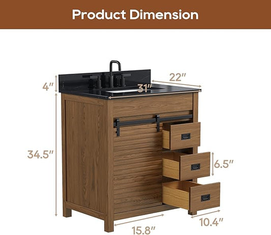 30 Inch Bathroom Vanity with Sink, Farmhouse Solid Wood Frame Vanity with Sink, Sliding Barn Door Bathroom Storage Cabinet with Soft-Closing Dovetail Drawers, Brown Oak